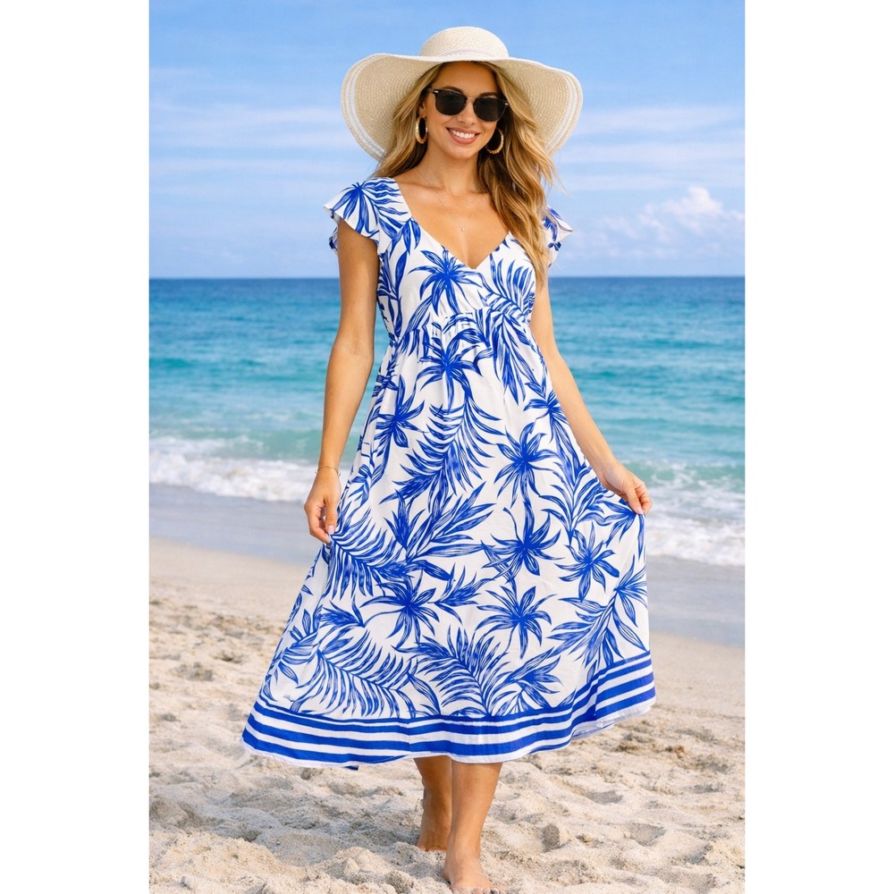 Blue White Tropical Palm Print Flutter Sleeve Tie Back Midi Dress Size L NEW